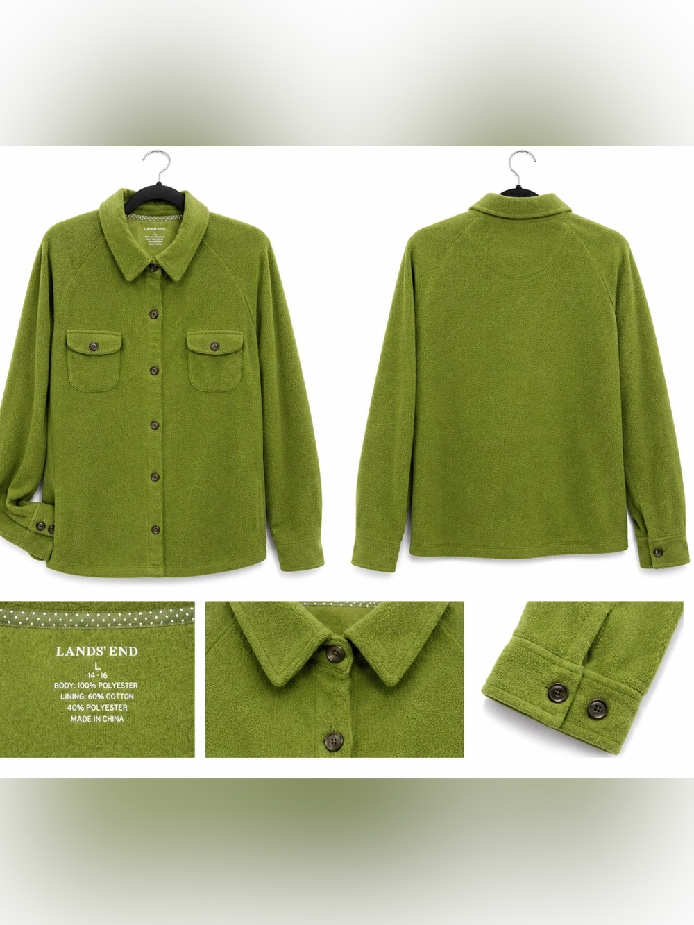 Lands’ End Green Fleece Shirt Jacket Shacket Women’s L 14-16